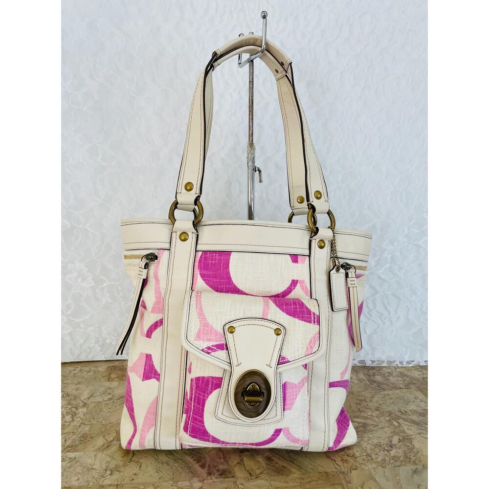 vtg COACH lavender legacy linen/leather slim tote F13540